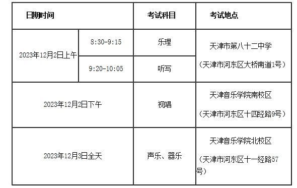 天津市2024年音乐类专业统考时间及地点